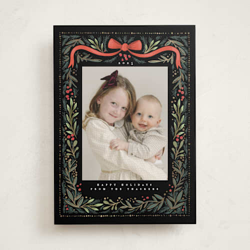 This is a midnight photo mount holiday cards with foil pressed by Hannah Williams called festive ribbon & fir printing on recycled in photo_mount