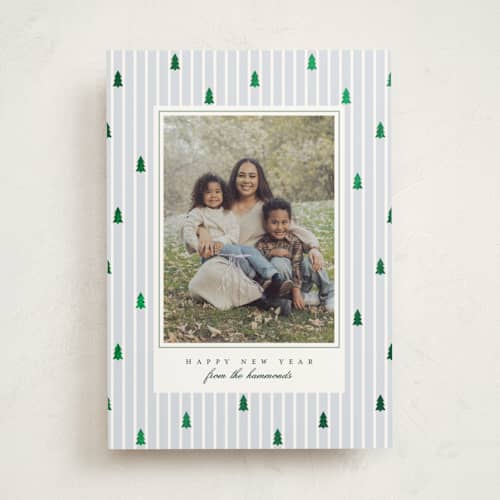 This is a glacier photo mount holiday cards with foil pressed by Everett Paper Goods called stripe trees printing on recycled in photo_mount