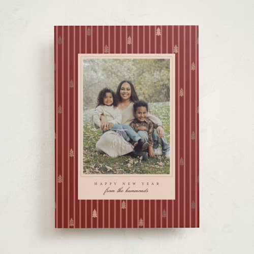 This is a mulled wine photo mount holiday cards with foil pressed by Everett Paper Goods called stripe trees printing on recycled in photo_mount