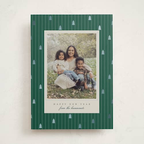This is a spruce photo mount holiday cards with foil pressed by Everett Paper Goods called stripe trees printing on recycled in photo_mount