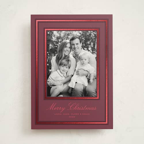 This is a plum photo mount holiday cards with foil pressed by Alston Foster called classic tidings printing on recycled in photo_mount