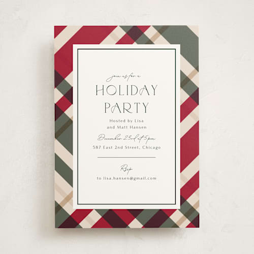 This is a berry holiday party invitations with standard by Chris Griffith called plaid suit holiday printing on signature in standard
