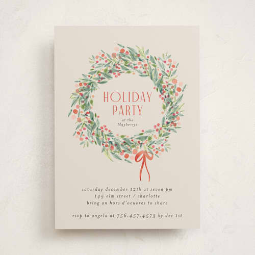 This is a chardonnay holiday party invitations with standard by lori jacobs wemple called holiday wreath printing on signature in standard
