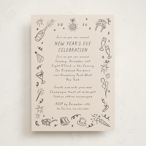 This is a ink holiday party invitations with standard by Jamie Alexander called doodled cheer printing on signature in standard