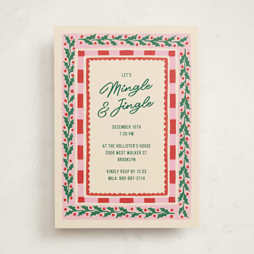 This is a peppermint holiday party invitations with standard by Pati Cascino called mingle and jingle printing on signature in standard