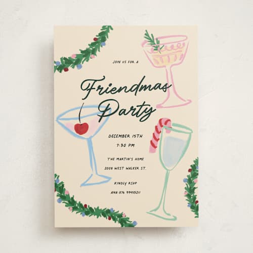 This is a wreath holiday party invitations with standard by Pati Cascino called friendmas party printing on signature in standard