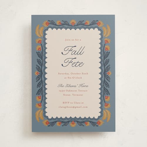 This is a slate gray holiday party invitations with standard by Cindy Reynolds called autumn harvest printing on signature in standard