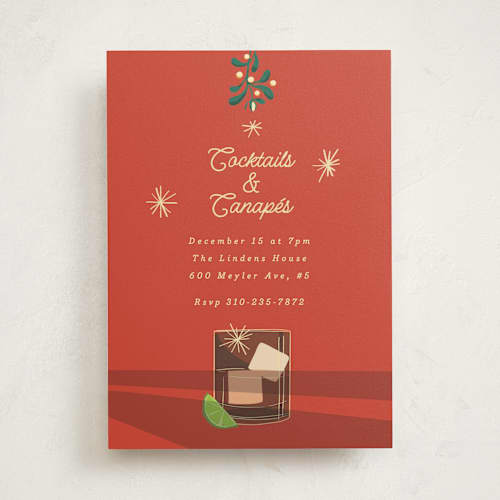 This is a poppy red holiday party invitations with standard by Becky Nimoy called cocktails and canapés printing on signature in standard