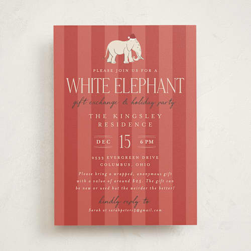 This is a santa hat holiday party invitations with standard by Heather Schertzer called white elephant printing on signature in standard