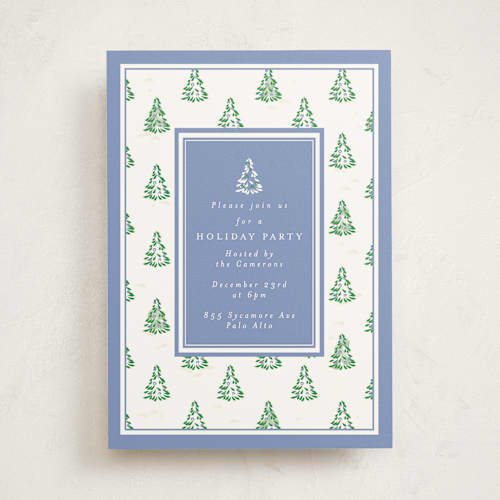 This is a provincial blue holiday party invitations with standard by Corinne Malesic called little trees printing on signature in standard
