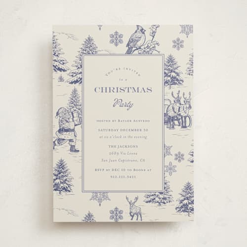This is a navy holiday party invitations with standard by Celine Nguyen called classic toile christmas printing on signature in standard