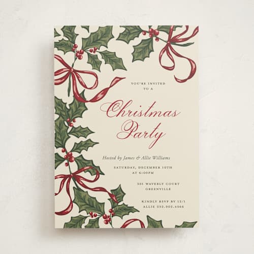 This is a holly berry holiday party invitations with standard by Holton Art and Design called holly ribbons printing on signature in standard