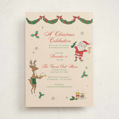 This is a cream holiday party invitations with standard by Cass Loh called whimsical christmas celebration printing on signature in standard
