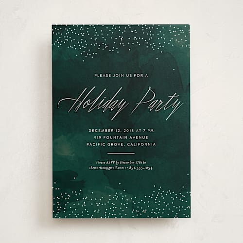This is a emerald holiday party invitations with standard by Erin Deegan called glitter on emerald printing on signature in standard