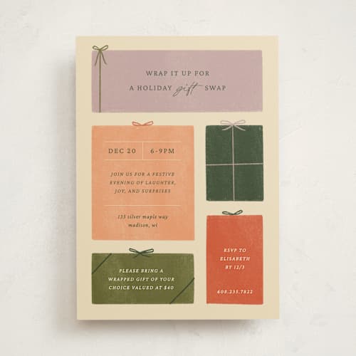 This is a cream holiday party invitations with standard by Sierra Lee called holiday gift swap printing on signature in standard
