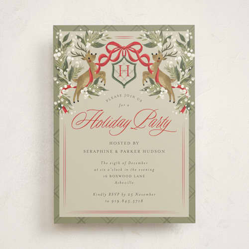 This is a latte holiday party invitations with standard by Jackie Crawford called reindeer crest printing on signature in standard