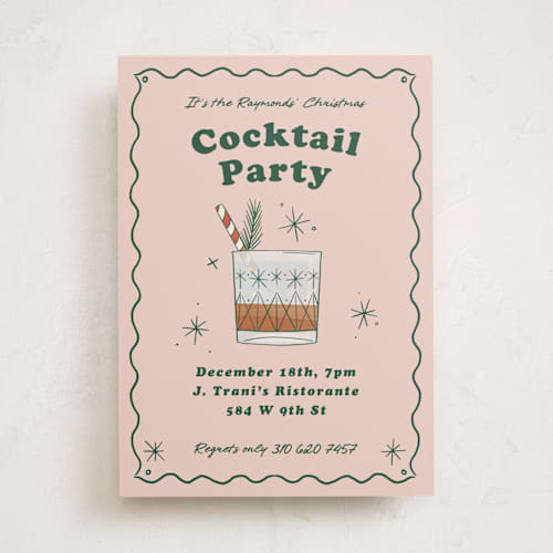 This is a dusty pink holiday party invitations with standard by Becky Nimoy called holiday cocktails printing on signature in standard