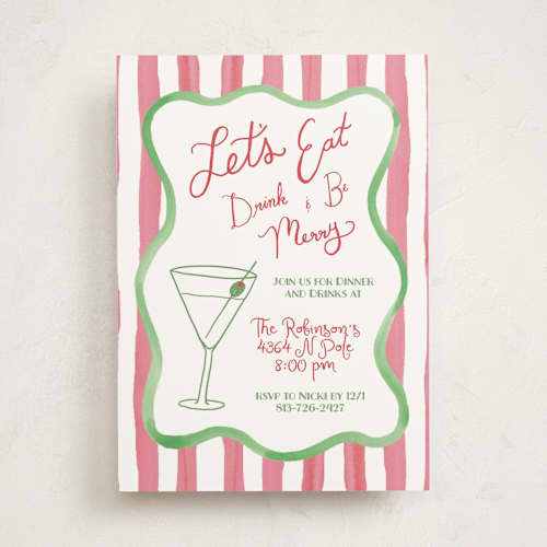 This is a berry holiday party invitations with standard by Little Blue Designs called eat, drink, and be merry printing on signature in standard