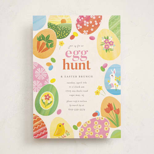 This is a eggshell holiday party invitations with standard by Laura Moyer called egg hunt printing on signature in standard