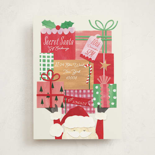 This is a jolly holiday party invitations with standard by Sarah Knight called secret santa printing on signature in standard