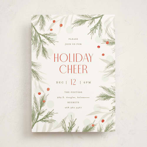 This is a holly holiday party invitations with standard by Pixel and Hank called peace foliage printing on signature in standard
