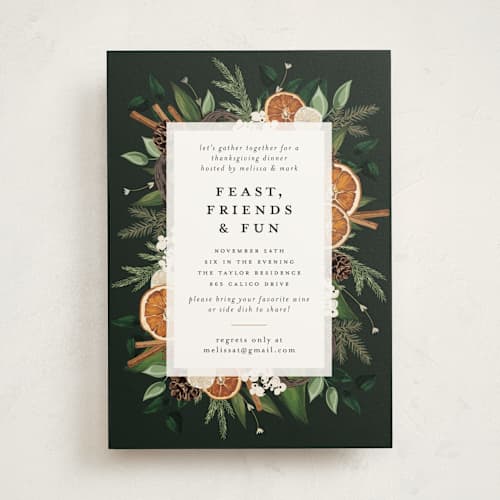 This is a midnight holiday party invitations with standard by Susan Moyal called fruitful holiday printing on signature in standard