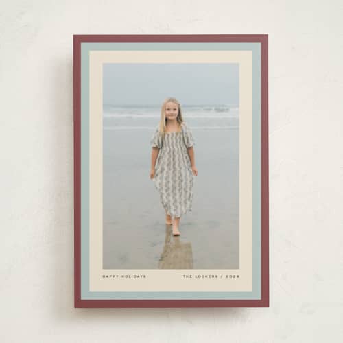 This is a cranberry holiday photo cards with standard by Snow and Ivy called stripe duet printing on signature in standard