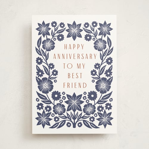 This is a navy anniversary cards with standard by Katharine Watson called folk frame floral printing on signature in greeting cards