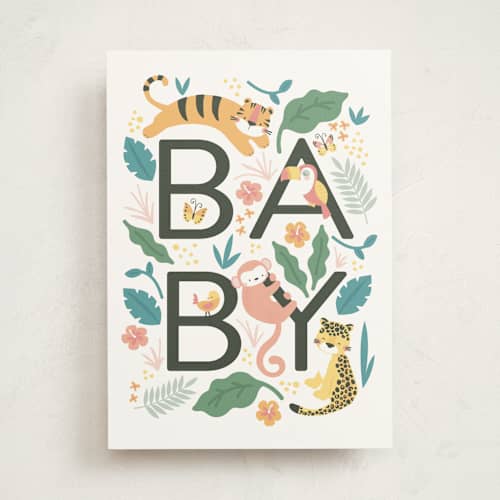 This is a beige new baby greeting cards with standard by peetie design called wild baby printing on signature in greeting cards