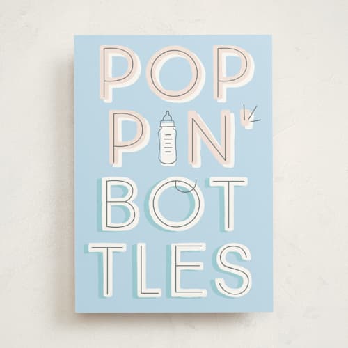This is a baby blue new baby greeting cards with standard by Baumbirdy called poppin bottles printing on signature in greeting cards