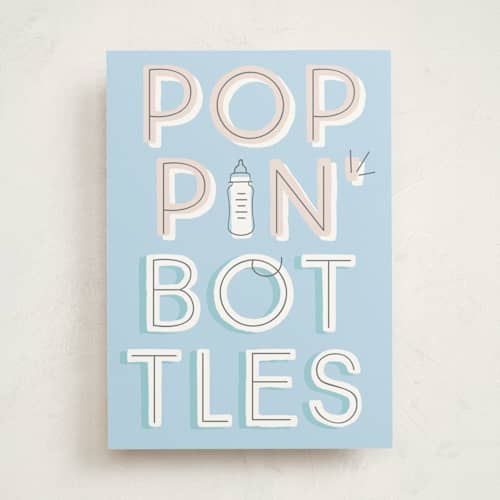 This is a baby blue new baby greeting cards with standard by Baumbirdy called poppin bottles printing on signature in greeting cards