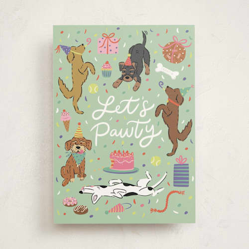 This is a mint birthday cards with standard by Lauren Jinhee called let's pawty printing on signature in greeting cards