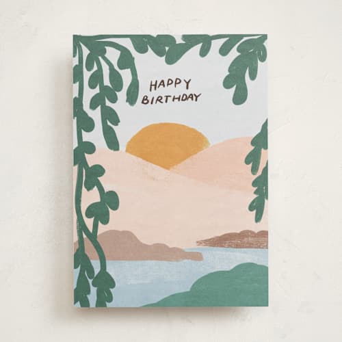 This is a mountain birthday cards with standard by Angel Walker called sunset printing on signature in greeting cards