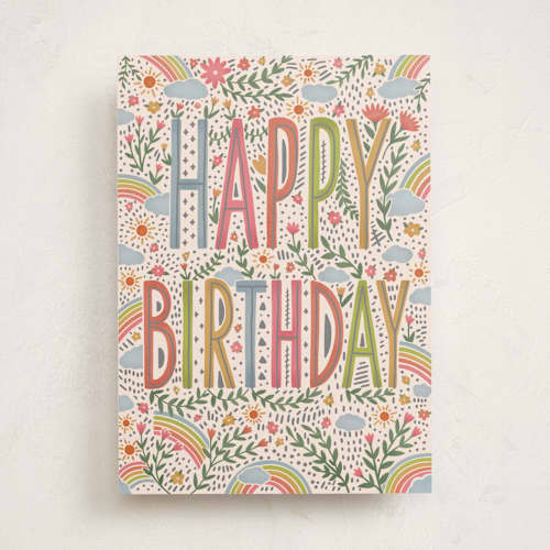 This is a rainbow birthday cards with standard by Anna Ducos called rainbows + sunshine printing on signature in greeting cards