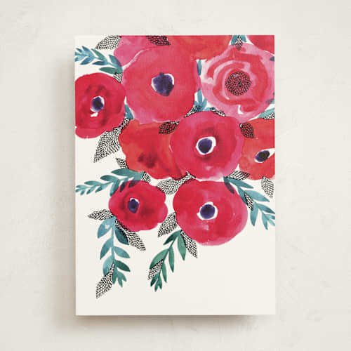 This is a deep carmine greeting cards with standard by Alexandra Dzh called red flowers bouquet printing on signature in greeting cards