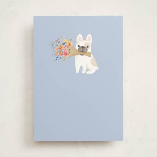 This is a powder greeting cards with standard by Itsy Belle Studio called frenchie flowers printing on signature in greeting cards