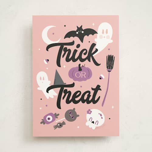 This is a candy greeting cards with standard by Corinne Malesic called trick or sweet printing on signature in greeting cards