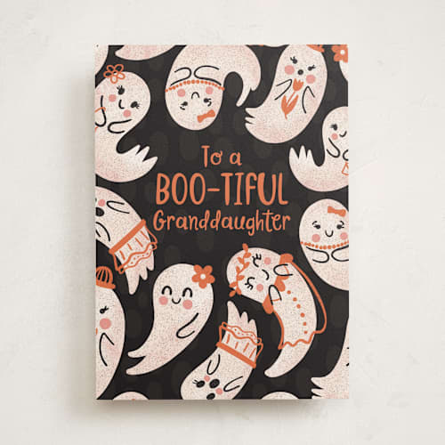 This is a midnight greeting cards with standard by Noonday Design called spooky cute ghosts printing on signature in greeting cards