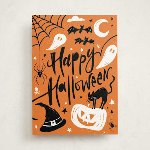 This is a pumpkin greeting cards with standard by Kristen Knechtel called all the spooky things printing on signature in greeting cards