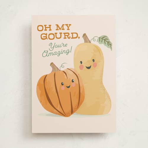 This is a pumpkin greeting cards with standard by Karidy Walker called oh my gourd printing on signature in greeting cards