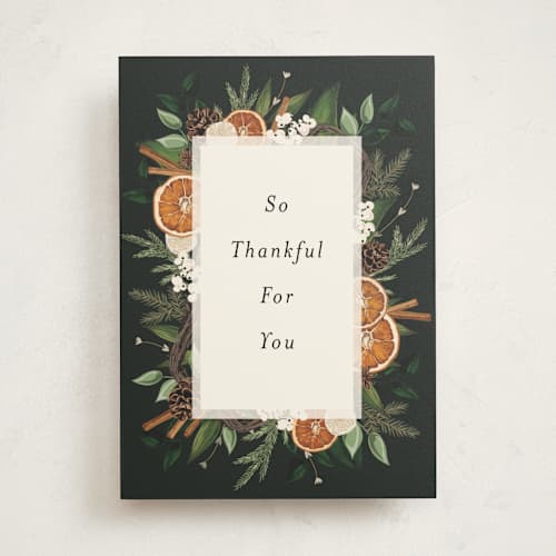This is a evergreen greeting cards with standard by Susan Moyal called fruitful holiday printing on signature in greeting cards