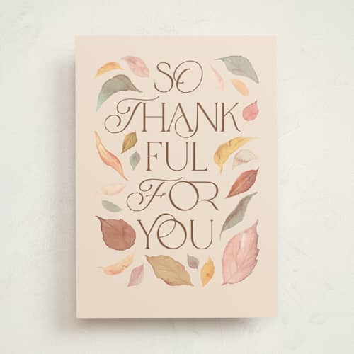 This is a ivory greeting cards with standard by Creo Study called leafy gratitude printing on signature in greeting cards