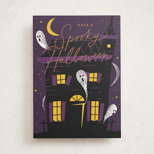 This is a dusk greeting cards with standard by Everett Paper Goods called spooky house printing on signature in greeting cards