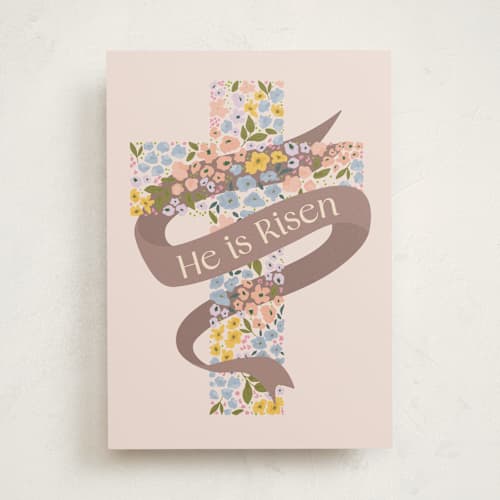 This is a rose quartz greeting cards with standard by Vera Lim called floral cross. printing on signature in greeting cards