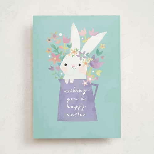 This is a blue slate greeting cards with standard by Lori Wemple called bunny bouquet printing on signature in greeting cards