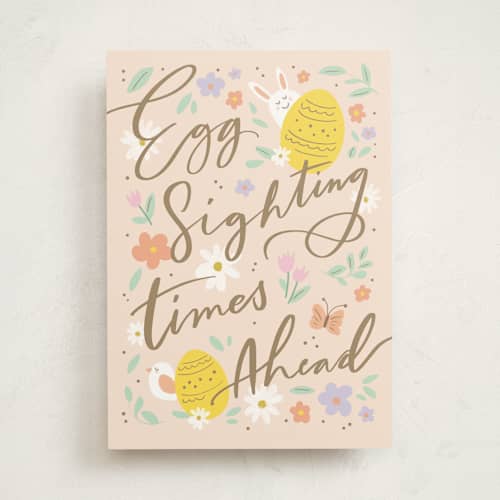 This is a petal cream greeting cards with standard by Creo Study called egg hunting pun printing on signature in greeting cards