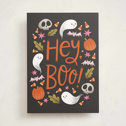 This is a pumpkin greeting cards with standard by Kristen Magee called hey, boo! printing on signature in greeting cards