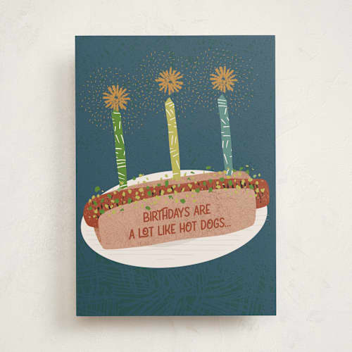 This is a blue spruce birthday cards for him with standard by Jenna Holcomb called hot dog printing on signature in greeting cards