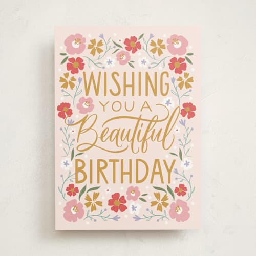 This is a blush birthday cards for her with standard by Erin German called beautiful birthday printing on signature in greeting cards