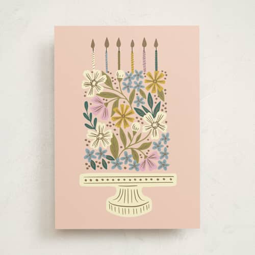 This is a peach birthday cards for her with standard by Alethea and Ruth called floral cake stand printing on signature in greeting cards